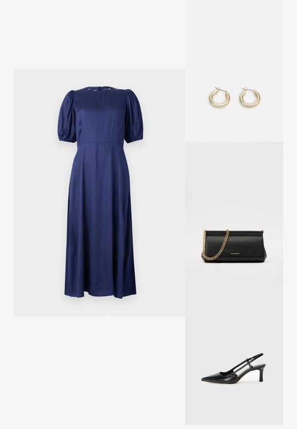 Sötétkék midi ruha puffos ujjakkal, kerek nyakkivágással és hátsó kötéses záródással. Simogató, könnyű anyagból készült, amely szellős illeszkedést biztosít.; Fekete lakk slingback sarok, hegyes orral, texturált kígyómintával, állítható pánttal és rövid, texturált tömbsarkal.; Fekete bőr kisméretű táska arany lánccal, sima felülettel, téglalap alakú, és dombornyomott márkázással az elején.; Lauren Ralph Lauren BASIC SMALL HOOP - Fülbevalók - gold-coloured