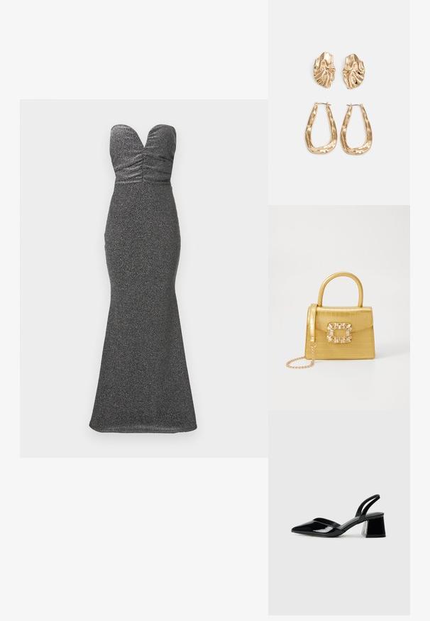 Haljina bez naramenica, uska duga haljina od metalik crne tkanine. Sadrži nabrane detalje na bustu i siluetu sirene.; Crne lakirane kožne sandale s otvorenom petom i špicastim vrhom, s geometrijskom blok petom. Imaju elegantan, minimalistički dizajn i glatku teksturu.; Žuta torbica od umjetnog krokodila sa strukturiranim dizajnom, gornjom ručkom, odvojivim lančićem i dekorativnim kristalnim ukrasom na kopči.; Naušnice zlatne boje s teksturiranim, valovitim oblicima. Uključuju skulpturalne kopče i dizajn otvorene kružnice s kovanom završnom obradom.