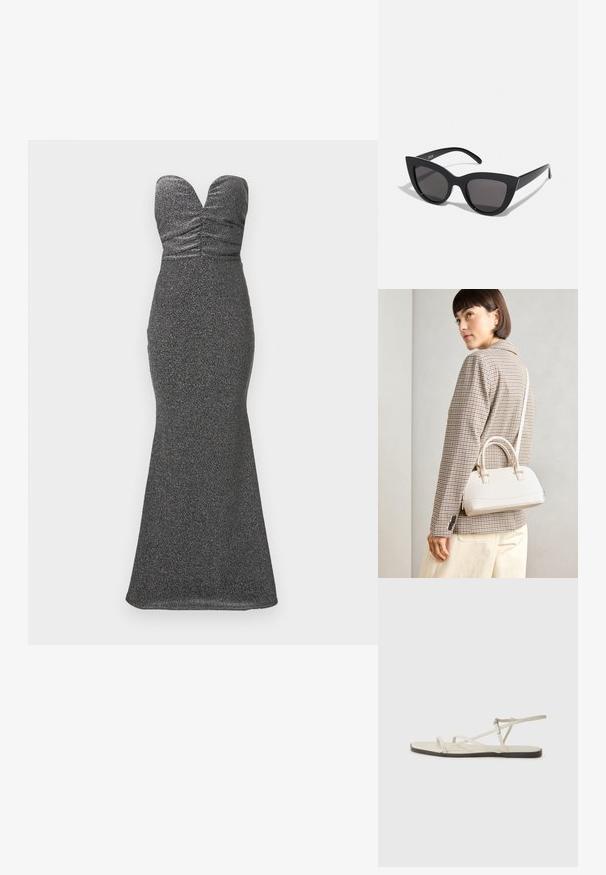Kombinacija brez naramnic, prilegajoča obleka do tal iz kovinsko črnega materiala. Ponuja nabirke pri oprsju in silhueto mermaid.; Beige ravne sandale z več tankimi trakovi in nastavljivim zaponcem. Podplat je raven z rahlo temnim kontrastom na robu.; Črne mačke-oko sončna očala z mat zaključkom, ki imajo sive tonirane leče, ostre kote in eleganten stranski del. Ime blagovne znamke je vidno na notranjem ročaju.; Bela strukturirana torba z kratkimi ročaji in naramnim trakom, z zlatimi okrasnimi elementi in teksturiranim materialom, prikazana na sivi podlagi.