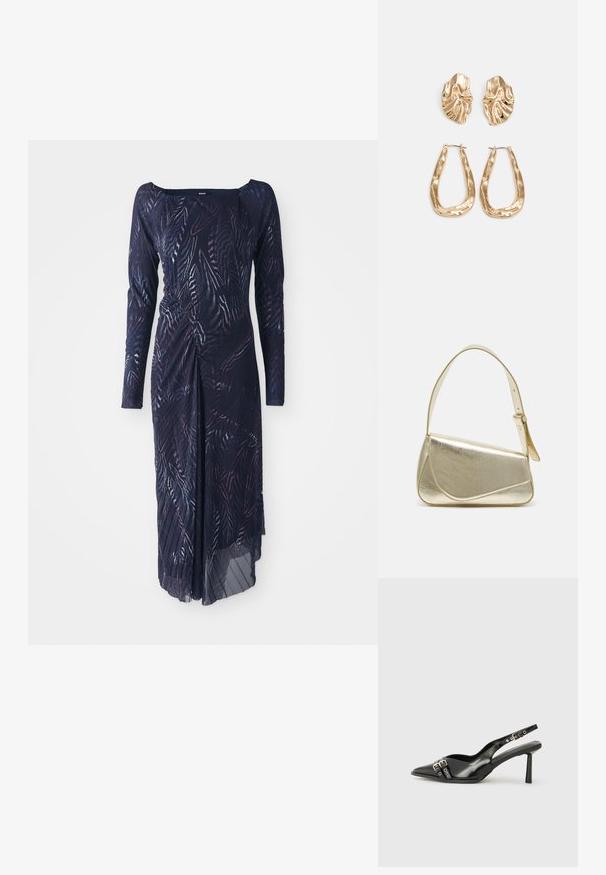 Haljina dugih rukava tamnoplave boje sa uzorkom lišća, s pojasom na struku i lepršavom suknjom koja pada na jednu stranu.; Crna lakirana slingback cipela s izduženim vrhom, remenčićima oko gležnja s srebrnim kopčama i dijelovima, te vitkim potplatom.; Zlatna metalna torba s uređenim dizajnom, glatkom teksturom i podesivim remenom. Ima jedinstven trokutasti oblik i minimalističko šivanje.; Naušnice zlatne boje s teksturiranim, valovitim oblicima. Uključuju skulpturalne kopče i dizajn otvorene kružnice s kovanom završnom obradom.