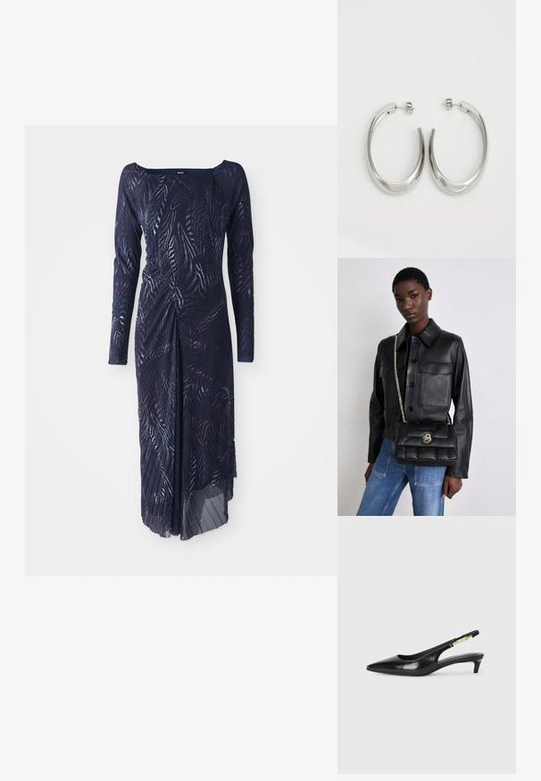 Langermet, mørk marineblå kjole med bladmønster, med en innsnevret midje og en flytende skjørt som faller til den ene siden.; Sorte lærreim hæler med spiss tå, som har en slank hæl og en gullfarget detalj på den justerbare stroppen. Glatt tekstur.; Svart skinnjakke med knappelukking og to frontlommer, sammen med en svart kviltet håndveske med gullspenne og kjedehank.; Sølvøreringer med en jevn, buet design. Har en blank metallisk finish og en studlås. Ingen synlige mønstre eller aksenter.
