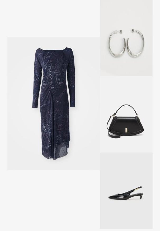 Pitkähihainen, tummansininen mekko, jossa on lehdesuunnittelua, kermatettu vyötärö ja virtaava hame, joka roikkuu toiselle puolelle.; Mustat nahkaiset slingback-korkokengät, joissa on terävä kärki, ohuet korot ja kultasävytteinen yksityiskohta säädettävässä hihnassa. Silkkinen pinta.; Mustalla nahkalaukulla, jossa on jämäkkä muotoilu, lyhyt malli, yläkahva ja kultaiset yksityiskohdat. Säädettävä olkahihna sisältyy.; Hope hopeista, joissa on sileä, kaareva muotoilu. Varustettu kiiltävällä metallipinnoitteella ja nappikiinnityksellä. Ei näkyviä kuvioita tai koristeluja.