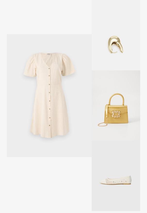 Rochie bej deschis cu decolteu în V, mâneci scurte tip puff și fustă evazată. Are butoane în față și un material moale, texturat.; Pantofi stilați cu vârful ascuțit, din piele crem, cu partea superioară transparentă și strasuri dispersate. Talpă moale pentru confort, design minimalist.; Geantă galbenă din faux-crocodil cu un design structurat, mână superioară, curea detașabilă cu lanț și embellisment decorativ cu cristale pe închidere.; Cercei din metal de culoare aurie cu un design elegant și curbat. Prezintă o formă distinctivă, ascuțită, o suprafață lustruită și un sistem de închidere cu balama.