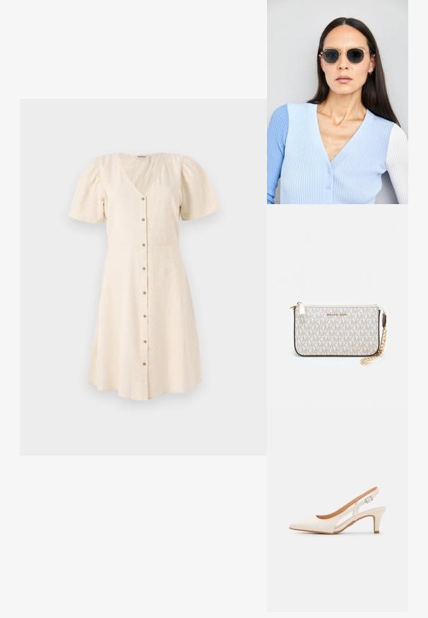 Vaalean beige -värinen mekko, jossa on V-nick, lyhyet puffihihat ja levenevä hame. Mekossa on etunapit ja pehmeä, teksturoitu kangas.; Valkoinen slingback-korkokenkä, jossa on terävä kärki, sileä päällismateriaali, matala lohkokorko ja sivuaukko-design säädettävällä soljella.; Pyöreät aurinkolasit, joissa on tummat linssit ja kultaiset kehykset. Mallilla on päällään vaaleansininen, ribatusta materiaalista valmistettu neuletakki, jossa on napit ja kontrastiväriset valkoiset hihat.; Michael Kors kääröbeige pinnoitettua kangasta, jossa on toistuva MK-logo -kuvio, kultaiset yksityiskohdat ja irrotettava ketjuhihna.