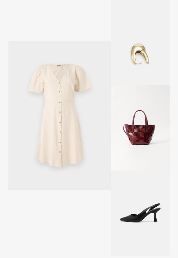 Gaiši bežs kleita ar V veida izgriezumu, īsām puff piedurknēm un izplešamu svārku. Iezīmēta ar priekšējiem pogām un mīkstu, teksturētu audumu.; Melni sānējo augstpapēžu apavi ar norādītu pirkstu, izgatavoti no gludas ādas. Iezīmē izgriezuma dizains un izturīga, sašaurināta papēža.; Austu sarkano vīna krāsas ādas somu ar divām īsām rokturiem un noņemamu plecu siksnu. Iezīmējas ar strukturētu formu un gludu tekstūru.; Zeltīti metāla auskari ar gludu, izliekta dizaina. Ar atšķirīgu smailu formu, pulētu virsmu un eņģu aizdari.