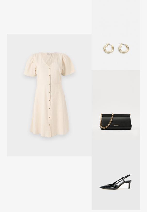 Rochie bej deschis cu decolteu în V, mâneci scurte tip puff și fustă evazată. Are butoane în față și un material moale, texturat.; Pantofi cu toc slingback negri din patent, cu vârf ascuțit, cu imprimeu de șarpe texturat, curea ajustabilă și toc scurt texturat.; Plică din piele neagră cu o curea din lanț auriu, având o textură netedă, formă rectangulară și o marcă embosată pe față.; Lauren Ralph Lauren BASIC SMALL HOOP - Cercei - gold-coloured