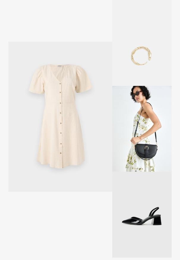 Ljusbeige klänning med V-ringning, korta puffärmar och en utställd kjol. Har framknappar och ett mjukt, strukturerat tyg.; Svarta lackläder slingback klackar med spetsig tå och geometrisk klack. Har en elegant, minimalistisk design och slät yta.; Svart läderhandväska med en böjd form, avtagbar rem och guldiga detaljer. Väskan har ett lock med en spänndetalj.; Ring i guldutförande med en organisk, vriden design, slät yta och avsmalnande ändar, vilket ger ett modernt, skulpturalt utseende.