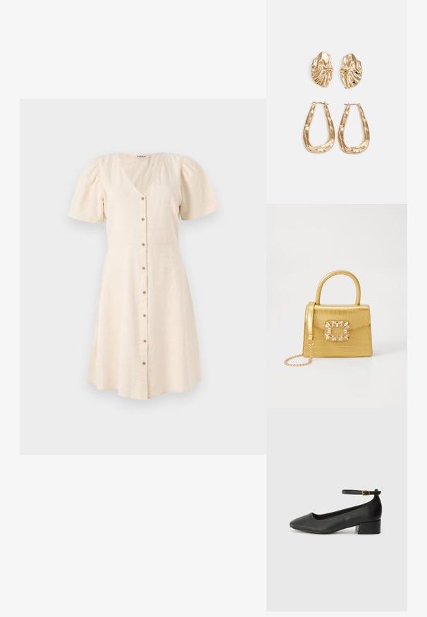 Rochie bej deschis cu decolteu în V, mâneci scurte tip puff și fustă evazată. Are butoane în față și un material moale, texturat.; Pantof cu toc negru din piele, cu vârf ascuțit și toc mic pătrat. Dispune de o curea la gleznă cu o cataramă în tonuri de aur. Textură netedă.; Geantă galbenă din faux-crocodil cu un design structurat, mână superioară, curea detașabilă cu lanț și embellisment decorativ cu cristale pe închidere.; Cercei aurii cu forme texturate și ondulate. Include studs sculpturale cu clip și un design de cerc deschis cu un finisaj cioplit.