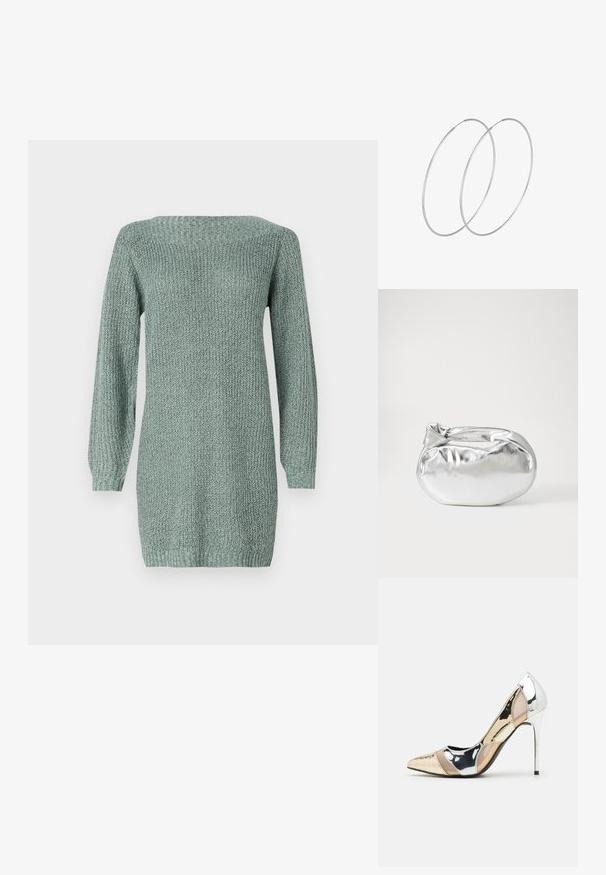 Šviesiai žalia pūsta suknelė ilgomis rankovėmis, platu iškirpimu ir tekstūruotu audiniu. Yra tiesios kirpimo ir raukšlių apdaila.; Aštrus pirštas aukštakulnis batelis su sidabro, aukso ir nuogų spalvų deriniu. Blizgus paviršius su išpjovos dizainu, su stiletto kulnu.; Sidabrinė metalinė maišelio forma su švelnia, apvalia forma ir mazgu užveriamu viršumi. Pagaminta iš lygios dirbtinės odos medžiagos.; Sidabrinės pusmėnulio auskarai minimalistiniu dizainu. Apskritimo forma, lygus paviršius ir plonas profilis. Lengvi su poliruotu apdailu.