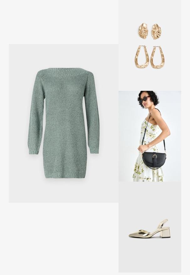 Rochie tricotată în verde deschis, cu mâneci lungi, decolteu larg și material texturat. Are o croială dreaptă și tiv ribflat.; Pantofi cu toc slingback metalici aurii, cu vârf ascuțit și toc chunky. Textură netedă, design minimalist și o curea subțire.; Geantă din piele neagră, cu o formă curbată, curea detașabilă și accesorii aurii. Geanta are un capac cu un detaliu tip cataramă.; Cercei aurii cu forme texturate și ondulate. Include studs sculpturale cu clip și un design de cerc deschis cu un finisaj cioplit.