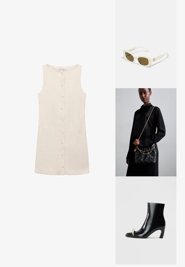 Bež brezrokavnik obleka z okroglim ovratnikom, sprednjim zapiranjem na gumbe in dvema stranskima žepoma. Gladka tkanina z minimalno teksturo.; Črne gležnjarje iz sijajnega usnja, s koničastim nosom in dekorativnim zlatim ter srebrnim detajlom spredaj. Oblika bloka pete.; Bela plastična sončna očala s pravokotnim okvirjem, rjavimi lečami in zlatim poudarkom na tiču. Gladka tekstura in moder dizajn.; Črna prešita usnjena torbica z nabranim vrhom, zlatim verižnim naramnikom in pravokotno obliko, držana na enolični podlagi.; Srebrna uhans s teksturiranim dizajnom in bisernim akcentom, nošen v levem ušesu, ob katerem je kratko frizuro.