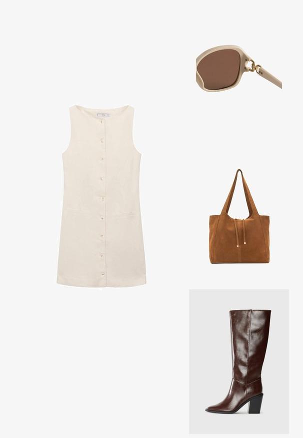 Haljina bez rukava bež boje s okruglim izrezom, prednjim zatvaranjem na dugmadi i dva bočna džepa. Glatka tkanina s minimalnom teksturom.; Visok tamno smeđi kožni čizm sa šiljastim vrhom i blok petom, prikazan s boka na jednostavnoj pozadini.; Svijetlosmeđa sunčana naočala s smeškim staklima, okruglo kvadratnog okvira, zlatnim naglascima na šarkama i svijetlim teksturiranim krakovima.; Smeđa antilop torba za ruke s dva duga remena, zatvaranje na vezicu i minimalistički dizajn. Glatka tekstura i bez vidljivih metalnih elemenata.