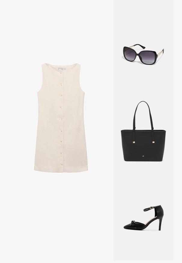 Sleeveless beige dress featuring a round neckline, front button closure, and two side pockets. Smooth fabric with minimal texture.; Black leather high-heeled shoe with pointed toe, ankle strap and gold buckle, featuring a glossy bow detail on the vamp.; Black oversized sunglasses with gradient lenses, thick frames, and gold-tone chain detailing on the temple arms.; Black tote bag made of synthetic material, featuring simple rectangular design, gold square accents, and double handles.