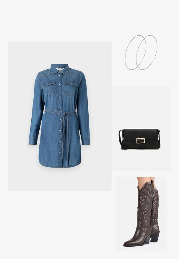 Kotonasta haljina košulja s dugim rukavima, prednjim dugmadi, dva džepa na grudima, suženim strukom s odgovarajućim pojasom i zaobljenim rubom.; Smeđe kožne kauboj čizme s šiljastim vrhom i blok-potpeticom, s detaljno izvezenim šavovima i uzdignutim naglascima na okovu.; Crna kožna clutch torbica s preklopom i zlatnim metalnim detaljem kopče. Uključuje crnu trakicu i elegantan, minimalistički dizajn.; Srebrne okrugle naušnice s minimalističkim dizajnom. Kružni oblik, glatka tekstura i tanak profil. Lagane s poliranim završetkom.