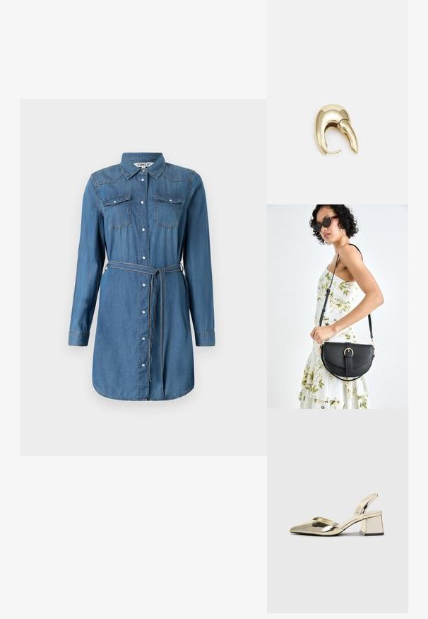 Denimist särgkleit, millel on pikad varrukad, nööbid ees, kaks rinnataskut, kitsenev talje koos sobiva vööga ja kõver serv.; Kuldne, metallilised slingback-kudumid terava varba ja paksu kontsaga. Sile tekstuur, minimalistlik disain ja kitsas rihm.; Mustmust mustraha kõverate joontega, eemaldatava rihmaga ja kuldsete detailidega. Kotil on klapp, millel on pandladetail.; Kuldtooni metallist kõrvarõngas, millel on elegantne ja kaarjas disain. Omab silmapaistvat teravat kuju, poleeritud pinda ja hingesulgemist.