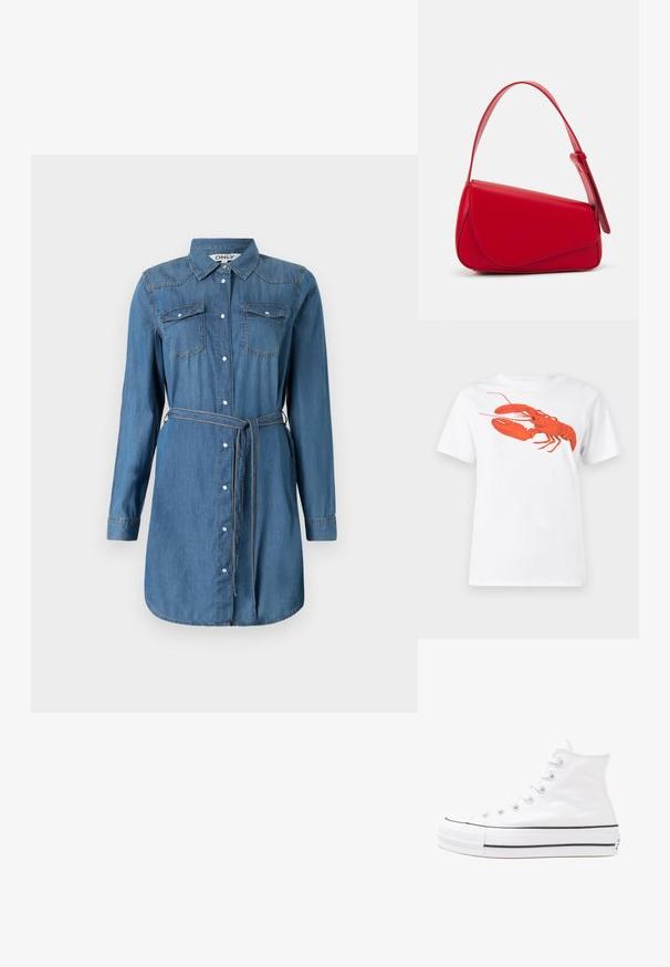 Vestido de camisa em denim com mangas longas, fecho de botão à frente, dois bolsos no peito, uma cintura ajustada com um cinto à condizer e uma bainha arqueada.; Camiseta de algodão branca com um grande gráfico de lagosta vermelha brilhante na frente. Mangas curtas e design de gola redonda padrão.; Sapatilha alta de tela branca com sola de borracha preta, bico de borracha na frente e seis ilhós para os atacadores, apresentando um design limpo e minimalista.; Bolsa de mão em couro vermelho com um design angular e geométrico. Apresenta uma única alça ajustável e um fecho com aba, com detalhes cosidos.