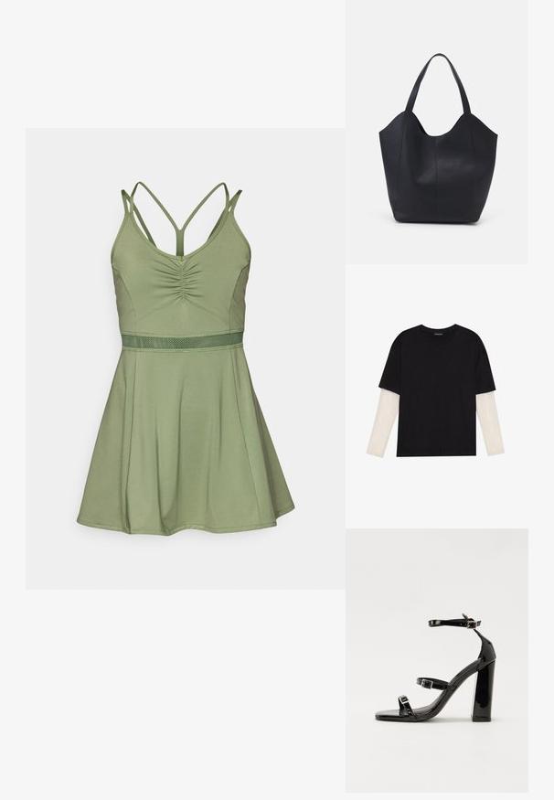 Vestido verde sem mangas com um corpete ajustado, detalhe franzido na parte da frente e uma saia rodada. Apresenta uma cintura texturizada e alças cruzadas.; T-shirt preta de algodão, com mangas curtas sobre uma camada de mangas longas branca com um padrão texturizado subtil. Design de decote redondo.; Sandálias de tacão preto laqueadas com bico quadrado, tiras para o tornozelo e fivelas prateadas. Apresentam um salto bloco chunky para estabilidade.; Saco tote preto feito de couro liso, apresentando um topo aberto curvo com duas alças de ombro e um design minimalista.