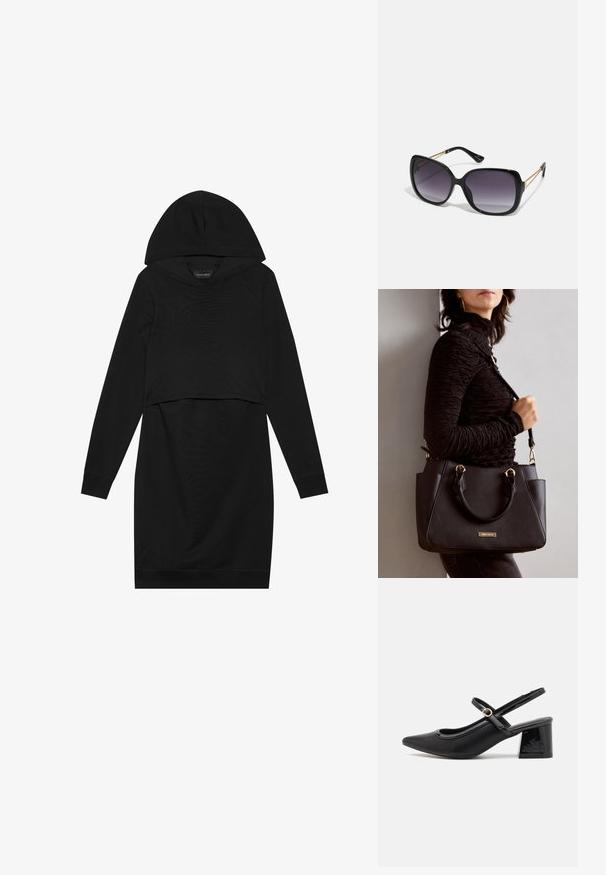Czarna sukienka z kapturem, długimi rękawami i krojem cropped. Wykonana z miękkiego materiału o gładkiej fakturze i ściągaczami przy mankietach.; Czarne lakierowane czółenka na słupku ze spiczastym noskiem, lekko zaokrąglonym wycięciem i obcasem w kształcie bloku. Posiadają złotą klamrę jako akcent dekoracyjny.; Czarne oversize okulary przeciwsłoneczne z gradientowymi soczewkami, grubymi oprawkami i złotym łańcuszkiem na ramionach.; Czarna torebka z teksturowanej powierzchni, podwójnymi uchwytami na górze i regulowanym paskiem na ramię. Posiada złote okucia i boczne kieszenie.