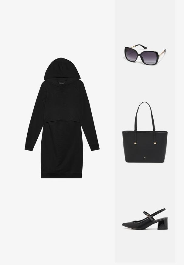 Abito pullover nero con cappuccio, maniche lunghe e design cropped. Realizzato in tessuto morbido con una texture liscia e polsini a costine.; Décolleté in vernice nera con cinturino dietro, punta affusolata, design con ritagli arrotondati e tacco a blocco. Presenta un accento di fibbia tono oro.; Occhiali da sole neri oversize con lenti sfumate, montatura spessa e dettagli in catena dorata sulle astine.; Borsa a tracolla nera in materiale sintetico, con un design rettangolare semplice, dettagli quadri dorati e doppi manici.