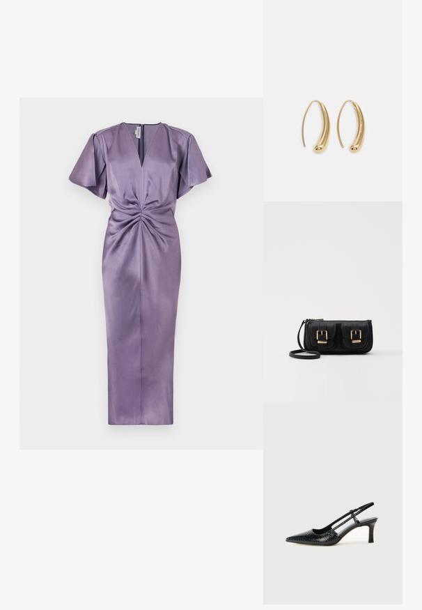 Levandų satino suknelė su V formos iškirpte, girgždančiomis rankovėmis ir priekyje sukurtu vyniojimu. Dizainas priglunda prie juosmens ir teka iki midi ilgio.; Juodai lakuoti slingback aukštakulniai su smailiu nosiu, su tekstūruotu gyvatės raštu, reguliuojama juosta ir trumpu, tekstūruotu blokiniu kulnu.; Juodas odinis per petį nešiojamas krepšys su dviem priekiniais kišenėmis, auksiniais sagtimis, užtrauktuko uždarymu ir siauromis petnešomis. Textūruota paviršius ir kompaktiškas stačiakampis formatas.; Auksinės metalinės auskarų kabės su lenktą, pailgą forma. Turi lygų, blizgantį paviršių ir užapvalintą galiuką papildomam akcentui.