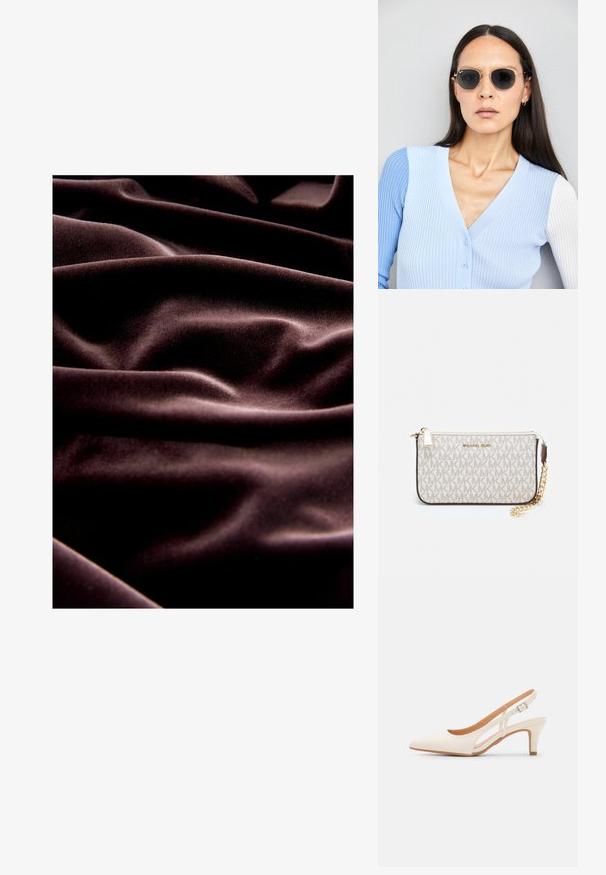 Dunkelbrauner Samtstoff mit glatter Textur, der tiefe Falten und Knicke aufweist, welche den luxuriösen Fall und die Weichheit betonen.; Weiße Slingback-Absätze mit spitzer Zehenpartie, glattem Obermaterial, niedrigem Blockabsatz und seitlichem Ausschnitt-Design mit verstellbarem Schnallenriemen.; Runde Sonnenbrillen mit dunklen Gläsern und goldenen Rahmen. Das Modell trägt eine hellblaue, gerippte Strickjacke mit Knöpfen und weißen Kontrastärmeln.; Michael Kors Clutch in beige beschichtetem Canvas mit einem wiederholten MK-Logo-Muster, goldfarbener hardware und einem abnehmbaren Kettenriemen.