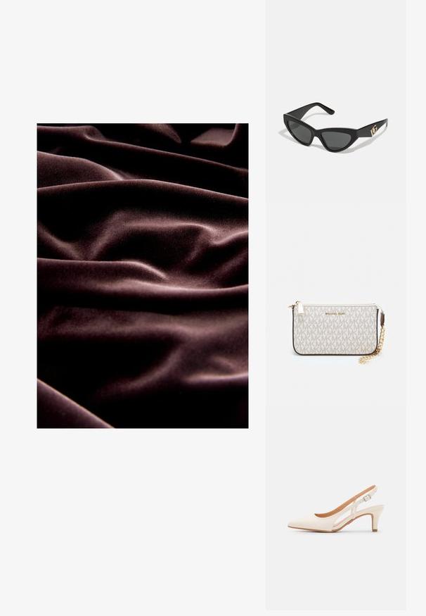 Mørkebrun velourstof med en glat tekstur, der har dybe folder og rynker, som fremhæver dets luksuriøse fald og blødhed.; Hvide slingback hæle med spids tå, glat overmateriale, lav blokhæl og sideudskæringsdesign med justerbar spænderem.; Cat-eye solbriller med en mat sort kunststoframme, mørke linser og en guldfarvet logoaccent på stænger. Vinklet design og glat overflade.; Michael Kors håndleddstropp i beige belagt lær med et gentaget MK-logo mønster, guld hardware og en aftagelig kædestrop.
