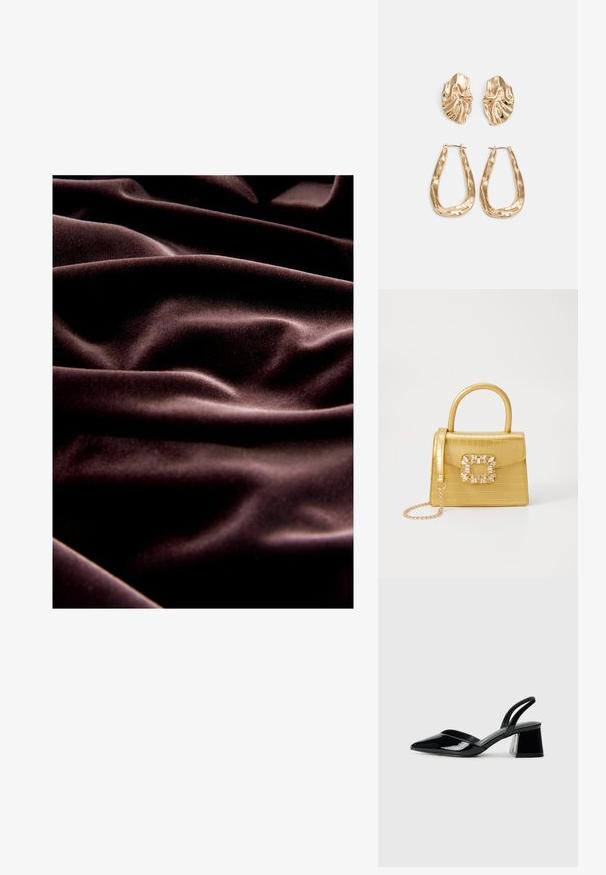 Tissu en velours brun foncé à texture lisse, présentant de profondes plis et rides qui mettent en valeur son drapé luxueux et sa douceur.; Escarpins en cuir verni noir avec bout pointu et talon bloc géométrique. Présente un design élégant et minimaliste ainsi qu'une texture lisse.; Sac à main en faux crocodile jaune avec un design structuré, une poignée supérieure, une bandoulière en chaîne amovible, et un ornement cristallin décoratif sur le fermoir.; Boucles d'oreilles dorées présentant des formes texturées et ondulées. Comprend des clips sculpturaux et un design de créoles ouvertes avec une finition martelée.