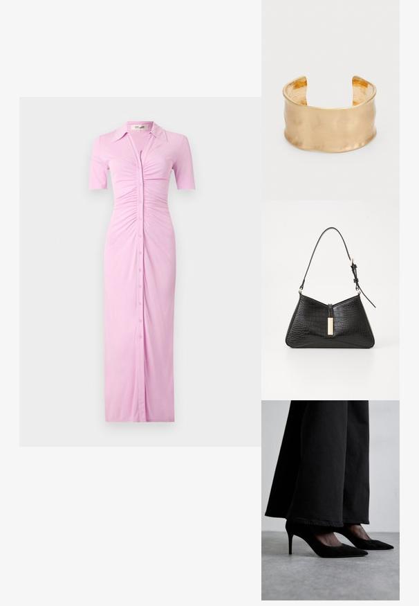 Rózsaszín, gombos ruha rövid ujjú, galléros nyakkal, a testrészen ráncolt részletezéssel és egyenes, földig érő siluettel.; Fekete velúr magassarkú cipők, hegyes orral, fekete bővebb nadrággal viselve, elegáns kialakítással és finom fényességgel rendelkeznek.; Fekete kézitáska műbőr krokodilbőr mintával, háromszög alakú, vékony vállpánttal és arany színű fémrészlettel a középen.; Aranyozott karkötő, sima, hullámos felülettel, textúrázott belső résszel és nyitott kialakítással, organikus formát létrehozva.