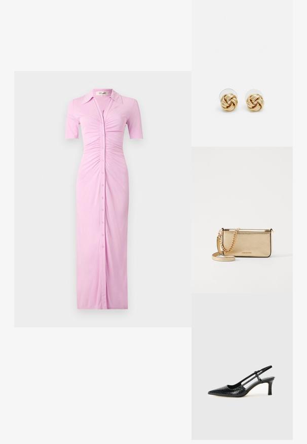 Ruzičasta košulja haljina s kratkim rukavima, koja ima ovratnik, nabranja na tijelu i ravnu siluetu do poda.; Crne lakirane slingback pete s oštrim vrhom, s teksturiranim uzorkom zmijske kože, podesivom remenom i kratkom, teksturiranom blok-petom.; Metalna zlatna kožna torbica s teksturiranom površinom, opremljena zlatnim lancem i uklonjivom naramenicom. Utisnuti logotip branda.; Naušnice na stud s zlatnim tonom i uvrnutim dizajnom. Svaka naušnica ima okruglu prozirnu podlogu za sigurno nošenje.