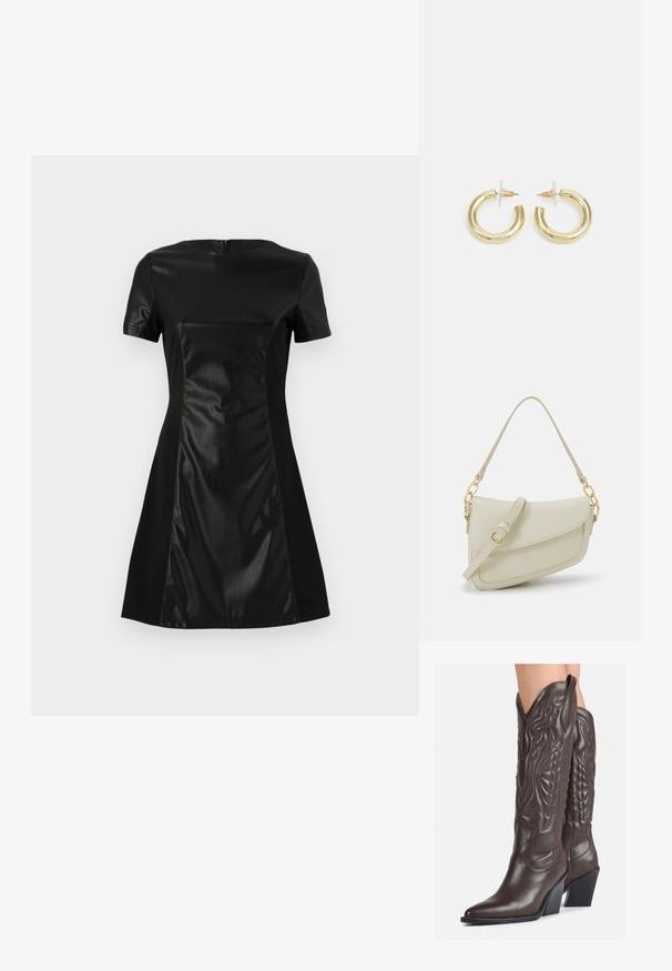 Crna haljina sa glatkim prednjim panelom od umjetne kože, kratkim rukavima i suknjom koja se širi. Stražnji dio ima diskretno zatvaranje na patentni zatvarač.; Smeđe kožne kauboj čizme s šiljastim vrhom i blok-potpeticom, s detaljno izvezenim šavovima i uzdignutim naglascima na okovu.; Mala krem torbica s teksturiranim finišom, dugačkim podesivim remenom, lančanim detaljem i preklopom. Zlaćani hardver.; Zlatne kružne naušnice s glatkom, sjajnom završnom obradom. Kružni dizajn s malom potporom i prozirnom podlogom za sigurno nošenje.