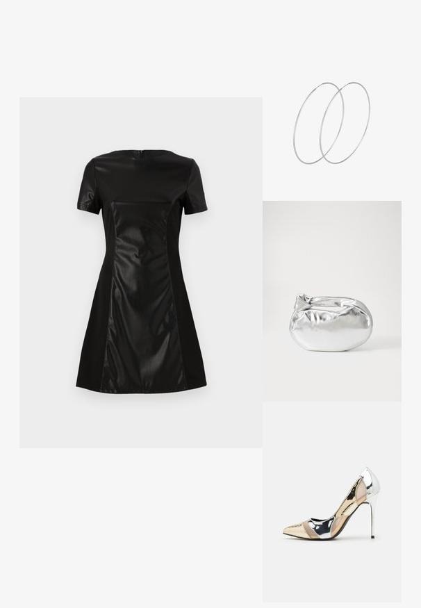 Črna obleka z gladkim sprednjim delom iz umetnega usnja, kratkimi rokavi in razširjenim krilom. Zadaj je diskretno zadrgo.; Čevlji z visoko peto in konico, v barvni kombinaciji srebrne, zlate in nude. Sijajna obdelava z izrezljanim dizajnom, z igličasto peto.; Srebrna kovinska torbica z mehko, zaobljeno obliko in zavezano zgornjo zaporo. Narejena iz gladkega umetnega usnja.; Srebrne uhane v obliki obroča z minimalističnim dizajnom. Krožna oblika, gladka tekstura in tanek profil. Lahki s poliranim zaključkom.