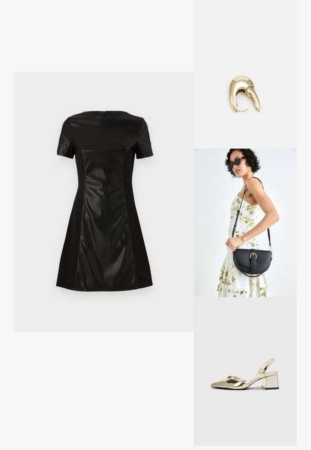 Vestido preto com um painel frontal em imitação de pele lisa, mangas curtas e saia rodada. As costas possuem um fecho de zíper discreto.; Sapatos de salto alto metálicos dourados, com biqueira em ponta e salto grosso. Textura suave, design minimalista e uma tira estreita.; Bolsa de couro preta com forma curva, alça destacável e detalhes em dourado. A bolsa possui uma aba com detalhe de fivela.; Brinco em metal dourado com um design elegante e curvo. Apresenta uma forma pontiaguda distinta, superfície polida e fecho por dobradiça.