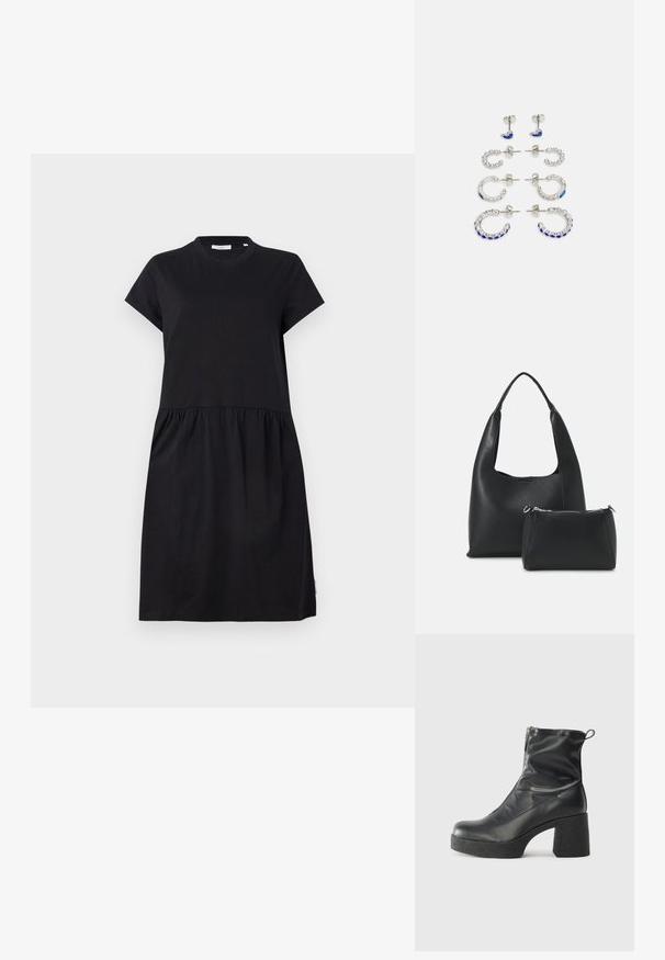 Svart t-shirtklänning i mjuk bomull, med korta ärmar, rund halsringning och en veckad kjol för en avslappnad passform.; Svarta ankelstövlar i slitstark läder, med sidodragkedja, kraftig strukturerad klack och rundad tådesign.; Even&Odd Handväska - black; Set med sex örhängen i silverfärgad metall. Inkluderar stud- och hoop-designs med blåa och klara ädelstenar i varierande storlek och form.