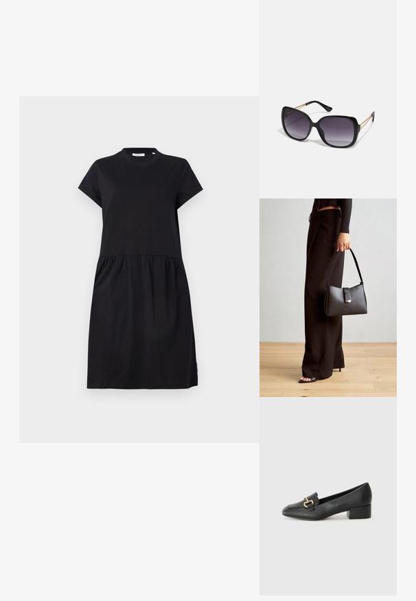 Juodas t-shirt stiliaus suknelė, pagaminta iš minkštos medvilnės, su trumpomis rankovėmis, apvaliu iškirpimu ir susikaupusia suknele, užtikrinančia laisvą prigludimą.; Juodi odiniai loaferiai su plokščiu kulnu, su dekoratyvia auksine detalės priekyje ir glotnia tekstūra.; Juodos didelės saulės akinių su pereinamais objektyvais, storomis rėmeliais ir auksinės spalvos grandinėmis ant šventyklų.; Juodas rankinė struktūrizuota forma, lygi tekstūra ir metalinis užsegimas. Suporuota su plačiomis juodomis kelnėmis ir atvirais bateliais ant medinių grindų.
