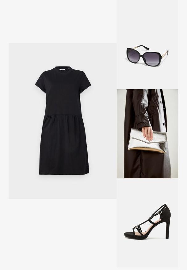 Schwarzes T-Shirt-Kleid aus weicher Baumwolle, mit kurzen Ärmeln, rundem Ausschnitt und einem gerafften Rock für eine lockere Passform.; Schwarze Wildleder-Pappelsandalen mit überkreuzten Riemen, einem dekorativen silberfarbenen Akzent und einer Plateausohle für zusätzliche Höhe.; Schwarze übergroße Sonnenbrille mit getönten Gläsern, dicken Rahmen und goldfarbener Kettendetaillierung an den Bügeln.; Silberner metallischer Clutch mit einem eckigen Umschlagdesign, glatter Textur und kontrastierender Innenfarbe, gehalten in einer Hand, die einen schwarzen Mantel trägt.