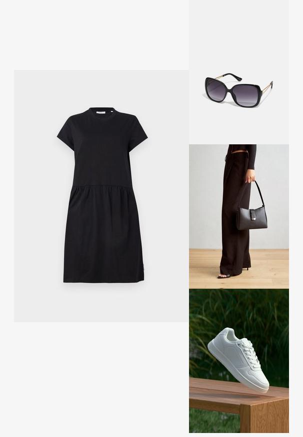 Czarna sukienka t-shirt wykonana z miękkiej bawełny, z krótkimi rękawami, okrągłym dekoltem i marszczoną spódnicą dla swobodnego fasonu.; Biały sneaker z gładką syntetyczną cholewą, perforowanym noskiem, płaskimi sznurowadłami i teksturowaną podeszwą, wyeksponowany na drewnianej powierzchni.; Czarne oversize okulary przeciwsłoneczne z gradientowymi soczewkami, grubymi oprawkami i złotym łańcuszkiem na ramionach.; Czarna torebka o usztywnionym kształcie, gładkiej fakturze i metalowym zapięciem. Połączona z szerokimi czarnymi spodniami i sandałami na otwartym palcu na drewnianej podłodze.