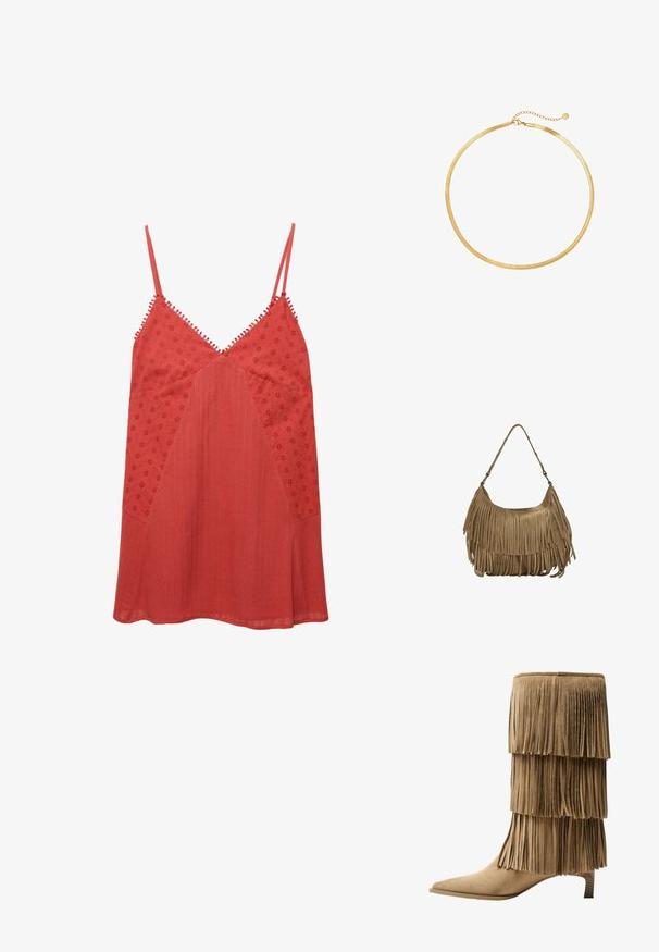 Rotes ärmelloses Oberteil mit V-Ausschnitt, ausgestattet mit gestickten Blumenmustern und strukturierten Einsätzen, abgerundet mit dekorativen Besätzen entlang der Träger.; Fransen-Stiefelette aus taupefarbenem Wildleder mit drei Lagen Fransen. Spitz zulaufende Zehenpartie und ein niedriger Blockabsatz. Durchgehend glatte Oberfläche.; Braune Wildleder-Handtasche mit langen Fransen, einer geschwungenen Form und einem einzelnen Schultergurt. Verfügt über eine glatte, strukturierte Oberfläche.; Goldmesh-Choker-Halskette mit flachem, flexiblem Design. Verfügt über eine Kettenverlängerung für anpassbare Länge. Glatte Textur, minimalistischer Look.