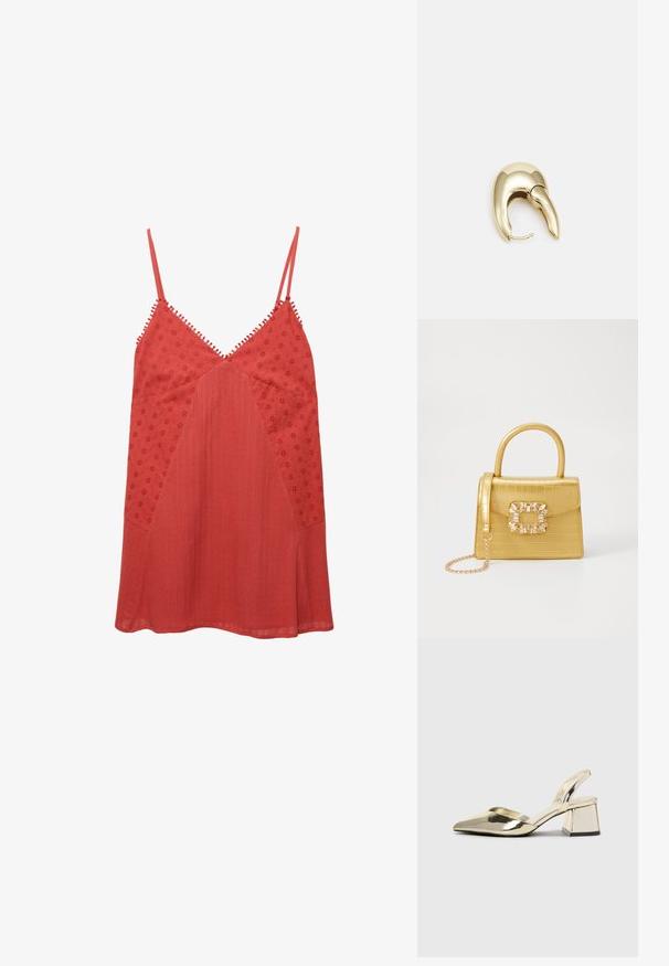 Crvena bezrukavna majica s V-izrezom, s izvezenim cvjetnim uzorcima i teksturiranim panelima, završena dekorativnom trakom duž naramenica.; Zlatni metalik slingback sandali s šiljatim vrhom i debelim potpeticama. Glatka tekstura, minimalistički dizajn i uski remen.; Žuta torbica od umjetnog krokodila sa strukturiranim dizajnom, gornjom ručkom, odvojivim lančićem i dekorativnim kristalnim ukrasom na kopči.; Zlatne metalne naušnice s elegantnim, zakrivljenim dizajnom. Imaju karakterističan šiljast oblik, poliranu površinu i zatvaranje na šarku.