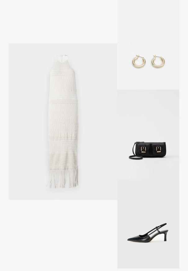 Fehér, horgolt maxi ruha, nyakba akasztós kialakítással, textúrált mintával és bojtós szegéllyel. Könnyű, lélegző anyagból készült.; Fekete lakk slingback sarok, hegyes orral, texturált kígyómintával, állítható pánttal és rövid, texturált tömbsarkal.; Fekete bőr keresztbody táska két elülső zsebbel, arany csattokkal, cipzáras záródással és vékony pánttal. Textúrált felület és kompakt téglalap alak.; Lauren Ralph Lauren BASIC SMALL HOOP - Fülbevalók - gold-coloured