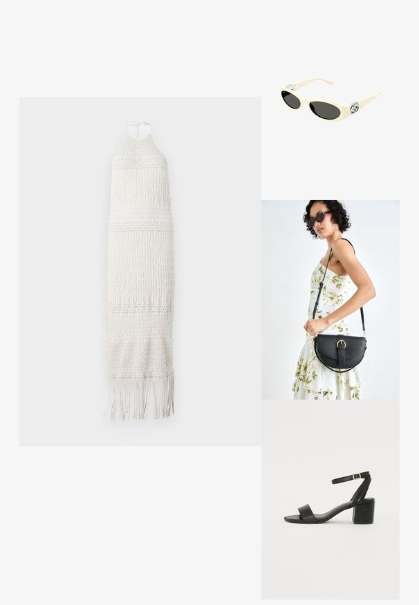Bela maksi obleka iz kvačkanja s halterneck izrezom, teksturiranim vzorcem in resastim robom. Narejena iz lahkega, zračnega materiala.; Črne sandale na peto z gladkim usnjenim zgornjim delom, odprtim nosom, širokimi sprednjimi trakovi in nastavljivim gležnjenčkom z zlatim zaponko.; Svetlo bež očala za sonce z ovalnimi lečami, črno zaščito in kovinskimi logotipnimi akcenti na tempeljih. Gladka tekstura, dizajn v obliki mačjih oči.; Črna usnjena torbica s ukrivljeno obliko, z odstranljivo naramnico in zlatimi dodatki. Torbica ima pokrov s podrobnostmi v obliki zaponke.