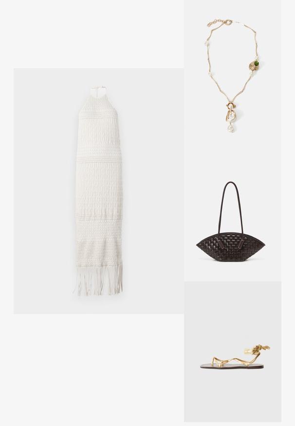 Balts tamborēts garais kleitas ar haltera kakla izgriezumu, teksturētu rakstu un franjām apakšmalā. Izgatavots no viegla, elpojoša materiāla.; Plakanās sandales ar zelta metālisku apdari, plānām siksnām un saitēm. Zole izgatavota no brūnas ādas ar minimālu dizainu.; THEMOIRè OLIMPIA - Rokassoma - fondant; Zelta tonis kaklarota ar savirpinātām saistēm, baltām pērlem un zaļa akmens akcentu. Izceļas ar sarežģītām detaļām un aizdari, lai nostiprinātu.