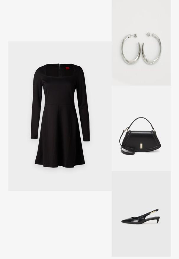 Czarna sukienka z długim rękawem, z kwadratowym dekoltem, dopasowanym fasonem na górze, rozkloszowanym dołem oraz z zamkiem błyskawicznym z tyłu. Gładka struktura materiału bez wzorów.; Czarne skórzane szpilki typu slingback z ostrym noskiem, posiadające smukły obcas i złoty akcent na regulowanym pasku. Gładka tekstura.; Czarna skórzana torebka o strukturalnym designie, z przyciętą formą, górnym uchwytem i złotymi akcentami. W zestawie regulowany pasek na ramię.; Srebrne kolczyki-hoop o gładkim, zakrzywionym designie. Posiadają błyszczące metaliczne wykończenie i zapięcie na sztyft. Brak widocznych wzorów lub akcentów.