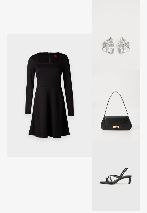 Svart langermet kjole med firkantet utringning, tettsittende liv, utsvingt skjørt, og glidelås bak. Glatt stofftekstur uten mønstre.; Sorte sandaler med stropper, firkantet tå og lav blokk hæl. Har flere tynne stropper og en justerbar ankelstropp. Laget av glatt lær.; Svart lærveske med en buet design, gullfarget hardware og et håndtak på toppen. Har en elegant lukking og glatt tekstur.; Sølvmetall øredobber med et bølgete, skulpturelt design, preget av en polert finish og uregelmessige former, som fremhever en moderne estetikk.