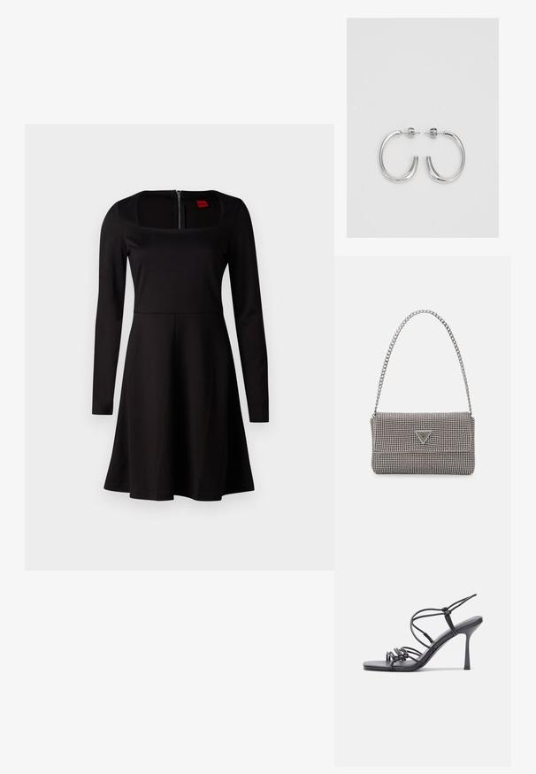 Mustapaita pitkähihaisella mekolta, nelikulmaisella kaula-aukkolla, kiinteällä vartalonmyötäisellä osalla, levenevällä hameella ja takana vetoketjulla. Tasainen kangas ilman kuoseja.; Mustat korkokengät sandaalit, joissa on ohuet hihnat solmittuna, sileä neliön muotoinen varvasosa ja tyylikäs stiletto-korko.; Vaalea harmaa metallinen käsilaukku, jossa on ketjusanka. Laukku on koristeltu pienillä pyöreillä metallikoruilla ja kolmion muotoisella brändilogolla.; Hopehopeet hopehopeet hopehopeet hopehopeet, jolla on sileä, kiiltävä pinta. Pyöreä muoto, kevyt rakenne, jossa on neulakiinnitys.