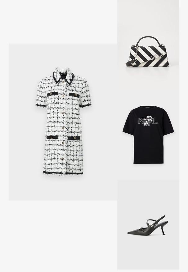 Rochie cu carouri alb-negru, realizată dintr-un material texturat, cu mâneci scurte, butoni aurii și accente negre pe buzunare și guler.; Tricou negru din bumbac, cu un imprimeu grafic ce înfățișează două personaje de desene animate cu ochelari de soare, însoțit de textul "KARL" scris cu litere îndrăznețe.; Pantofi cu toc slingback din piele neagră, cu vârful ascuțit, toc subțire și detaliu decorativ cu cataramă pe partea din față. Textură netedă și design elegant.; Geantă cu dungi alb-negru, cu o formă structurată, având un mâner superior, o curea din lanț detașabilă și un accent metalic cu logo.