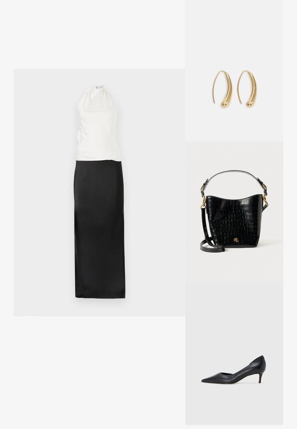 Vestido de alças ao pescoço com parte superior branca ajustada e saia preta de cetim fluida. Textura suave, design minimalista e silhueta até ao chão.; Sapato de salto alto preto em pele com bico fino e salto baixo. Apresenta uma textura suave e brilho subtil. Corte aberto na parte da frente para um detalhe adicional.; Bolsa de pele corcunda preta com textura de crocodilo, formato curvo, detalhes em metal dourado, alça ajustável e logotipo na parte da frente.; Brincos em metal dourado com forma de arco alongado e curvado. Apresentam uma superfície lisa e brilhante, com uma ponta arredondada para um detalhe adicional.