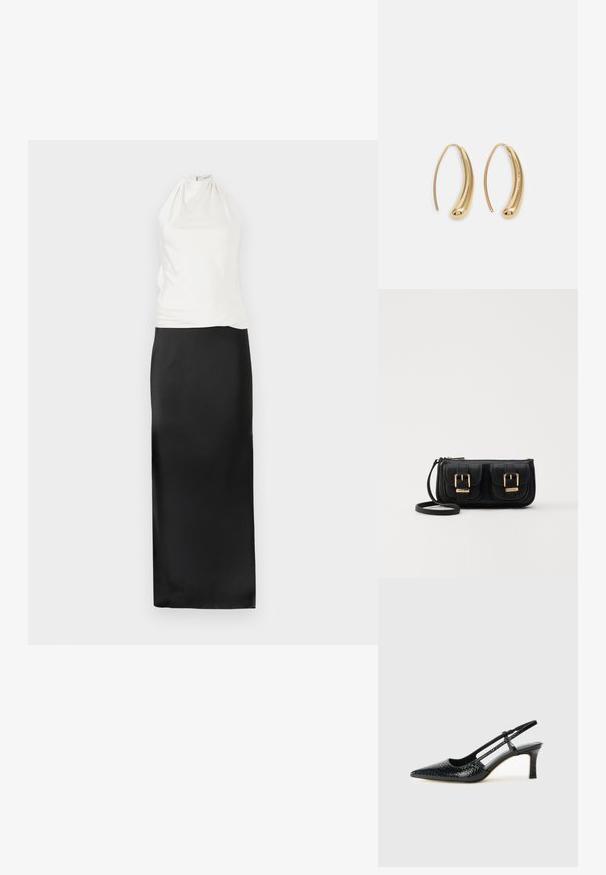Kakla auklas kakla kleita ar pieguļošu baltu augšdaļu un plūstošu melnu zīda svārku. Gluda tekstūra, minimālistisks dizains un līdz grīdai garš siluets.; Melna patent āda ar slīdošo papēdi un smailo purngalu, ar teksturētu čūsku drukājumu, regulējamu siksniņu un īsu teksturētu blokpapēdi.; Melnas ādas crossbody soma ar divām priekšējām kabatām, zelta sprādzēm, ar rāvējslēdzēju aizdari un šauru siksnu. Strukturēta virsma un kompakta taisnstūra forma.; Zelta toņu metāla gredzena auskari ar izliektu, pagarinātu formu. Ar gludu, spīdīgu virsma un noapaļotu galu papildu detaļām.