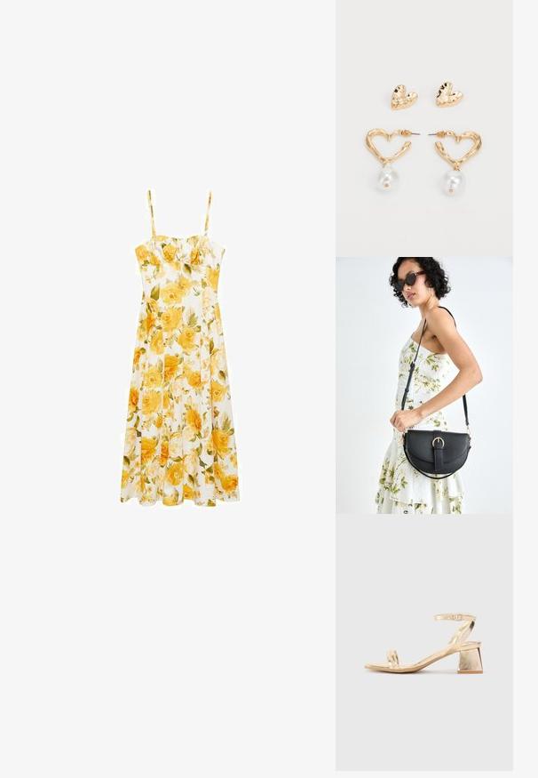 Mango FLORAL MIDI - WITH GATHERED NECKLINE - Rochie de zi - yellow; Sandal cu toc metalizat auriu, cu un toc bloc unghiular, două curele deasupra piciorului și o curea ajustabilă la gleznă. Textură netedă.; Geantă din piele neagră, cu o formă curbată, curea detașabilă și accesorii aurii. Geanta are un capac cu un detaliu tip cataramă.; Cercei în formă de inimă, aurii, cu un finisaj texturat, având un accent de perlă suspendat. Include cercei cu mărgărită asortați în formă de inimă.