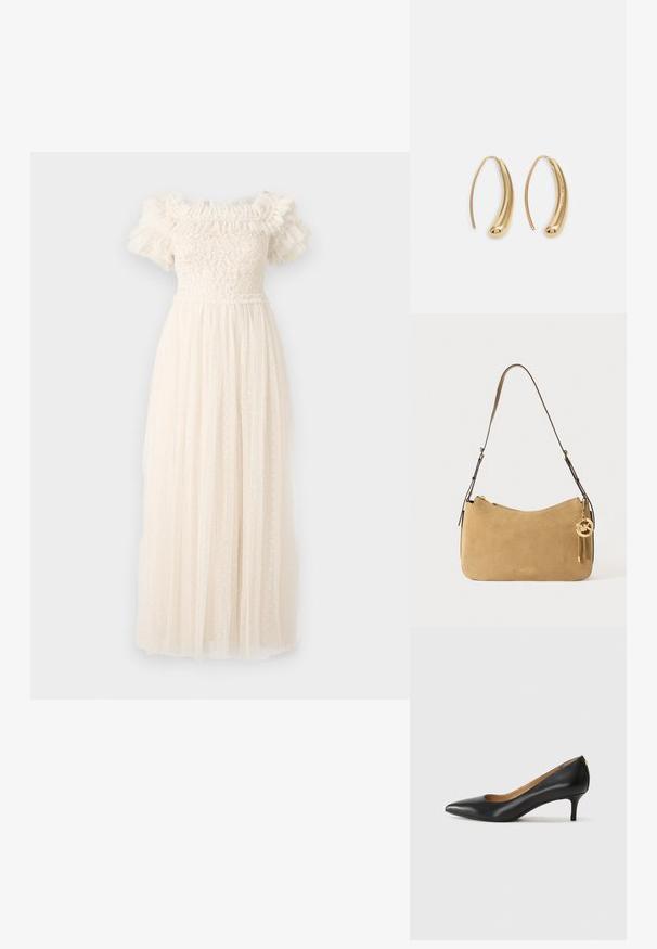Needle & Thread MIDSUMMER BODICE OFF SHOULDER GOWN - Ballkleid - exclusive cream; Schwarzer Lederpumps mit spitzem Zehenbereich, niedrigem Absatz und glatter Textur. Verfügt über eine leichte Öffnung an der Vorderseite und minimale Beschläge an der Rückseite.; Beige Wildleder-Umhängetasche mit geschwungener Form, goldener Hardware und Reißverschluss. Verfügt über einen angehängten Charm mit den Initialen "MK."; Goldfarbene Metall-Hoops mit einer geschwungenen, länglichen Form. Sie verfügen über eine glatte, glänzende Oberfläche und eine abgerundete Spitze für zusätzliche Details.