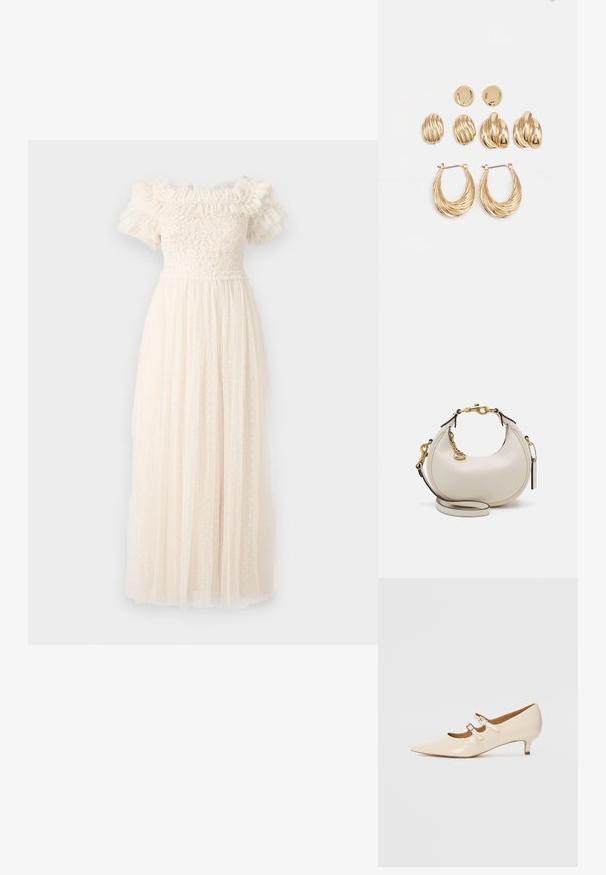 Needle & Thread MIDSUMMER BODICE OFF SHOULDER GOWN - Pidulikud riided - exclusive cream; Beige lakknahkse Mary Jane kingad kahe reguleeritava pandlaga, terava varbaga ja madala kontsaga. Sile tekstuur läikiva viimistlusega.; Kreemist nahast kott poolkuu kujuga, kullast riistvara, mustad aktsendid ja eemaldatav rihm. Omab kettidekoori ja sildiga. ; Kuldtoonides kõrvarõngaste komplekt, mis sisaldab kolm paari: tekstureeritud ovaalsed kinnised, lainelise disainiga kinnised ja suured rõngaskõrvarõngad, millel on kihilised sooned.